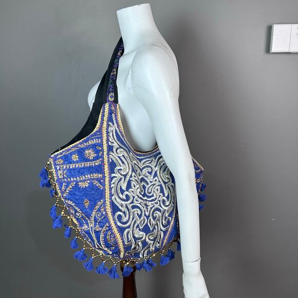 boutique Handbags - Boho Cross body Bag Tote Blue Colbalt India tassels beaded festival hippie